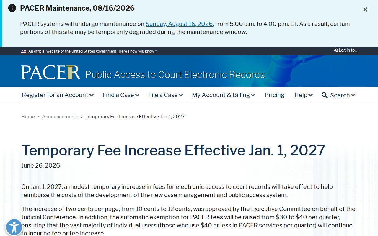 Saguache County case search federal PACER fee notice