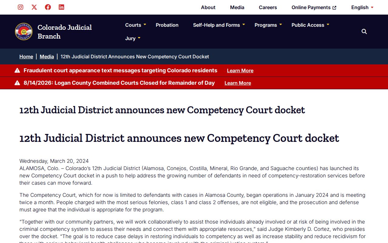 Moffat court records context from a published 12th Judicial District docket announcement