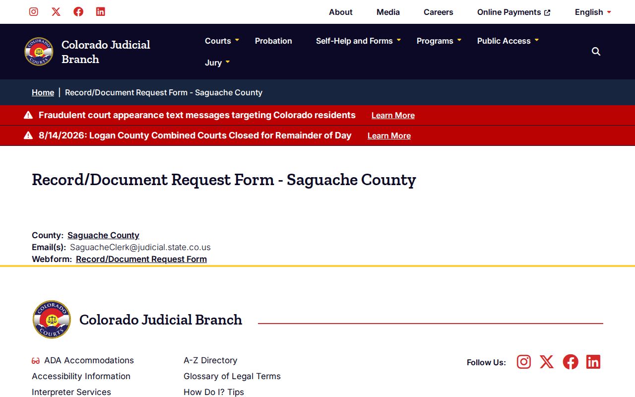 Saguache County court docket records access page