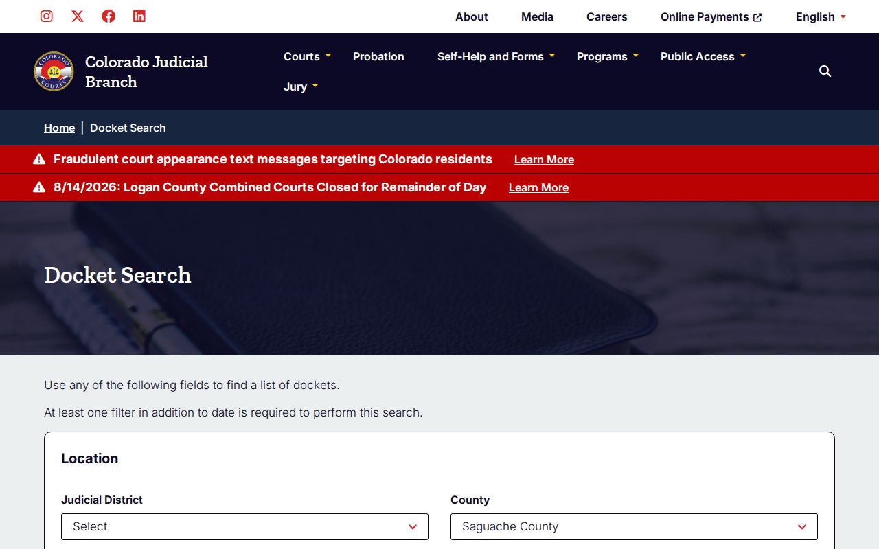 Saguache County court docket calendar search fields