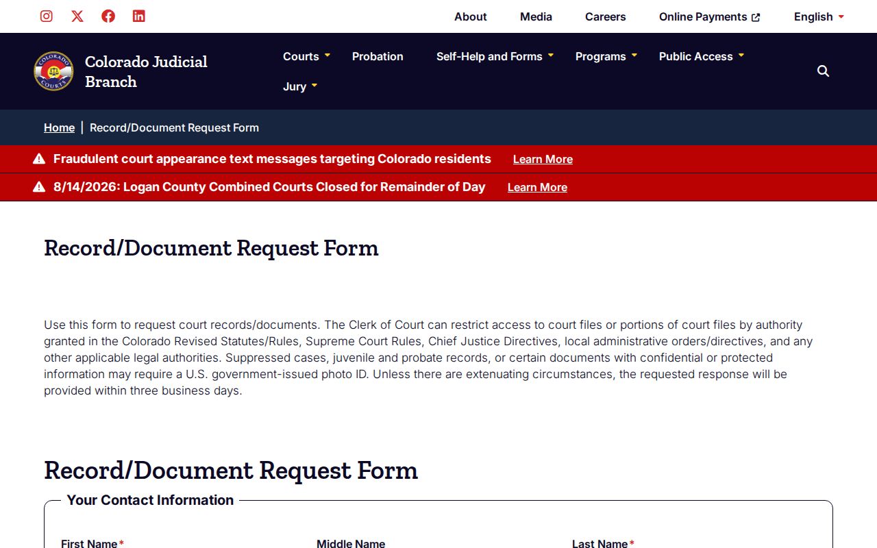 Saguache County court docket record request form