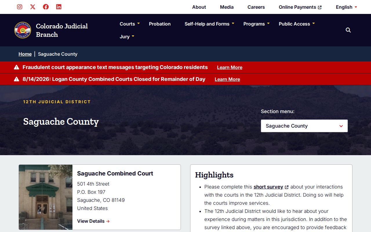 Saguache County courts and court docket landing page